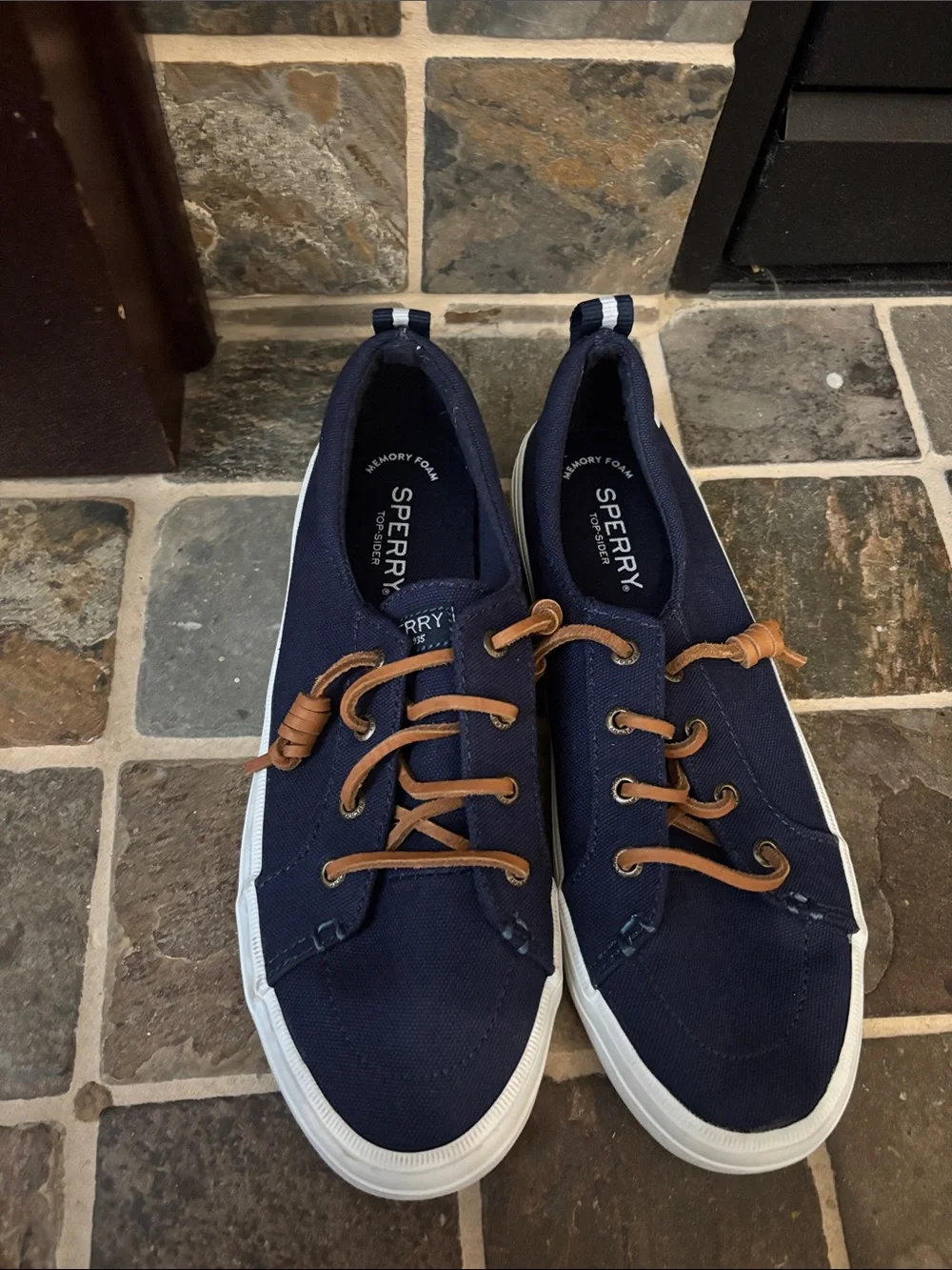 Sperry Navy Canvas Boat Shoes with Tan Laces